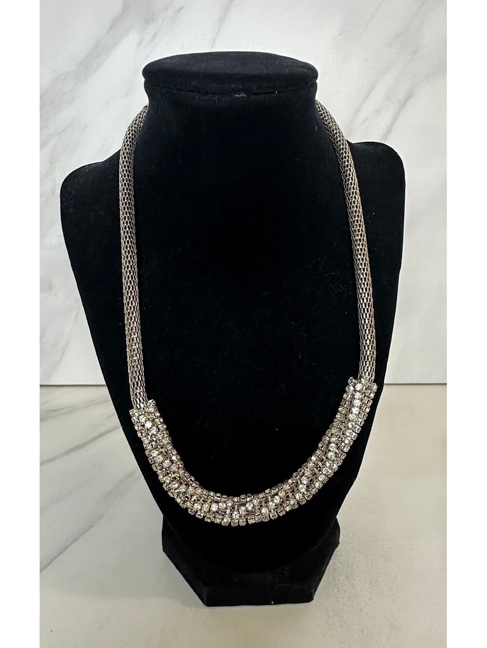 Pave multi-strand rhinestone silver tone mesh chain statement necklace